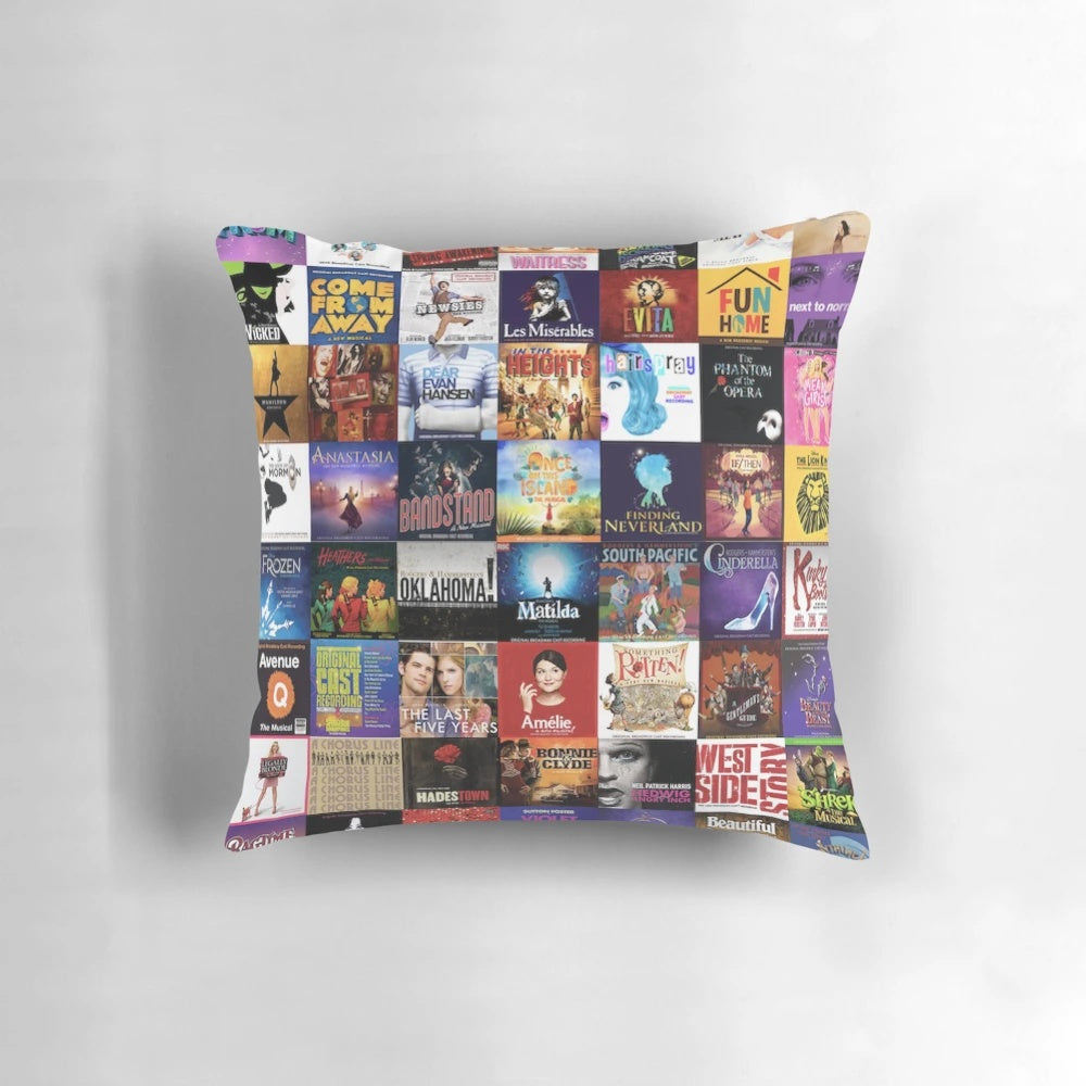 Musicals collage decorative pillow featuring broadway, theatre, and performing arts imagery