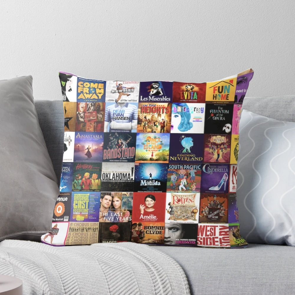 Musicals collage decorative pillow featuring broadway, theatre, and performing arts imagery