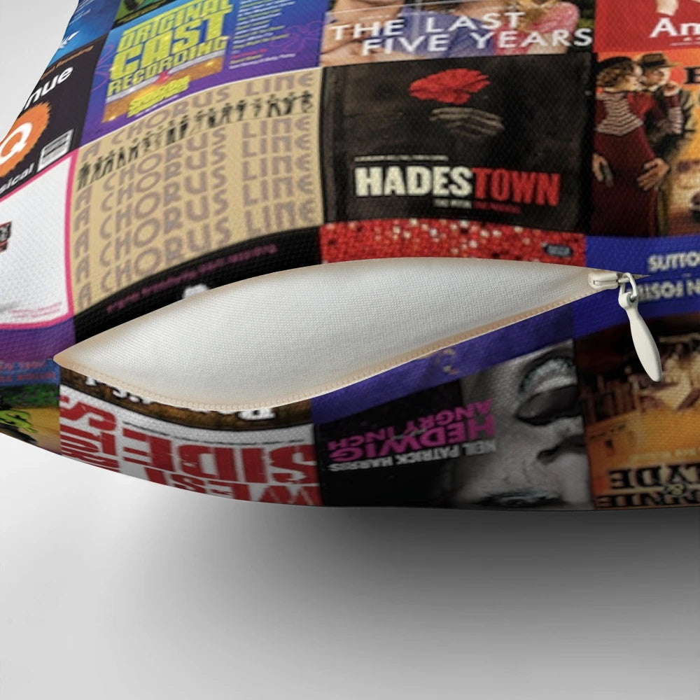 Musicals collage decorative pillow featuring broadway, theatre, and performing arts imagery