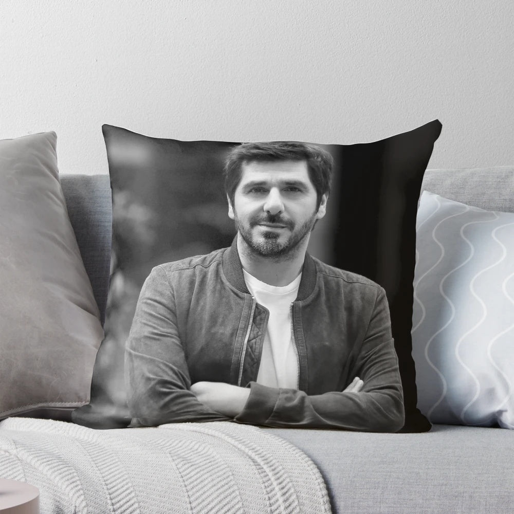 Stylish black and white pillow featuring a male musician and piano design from Corsica