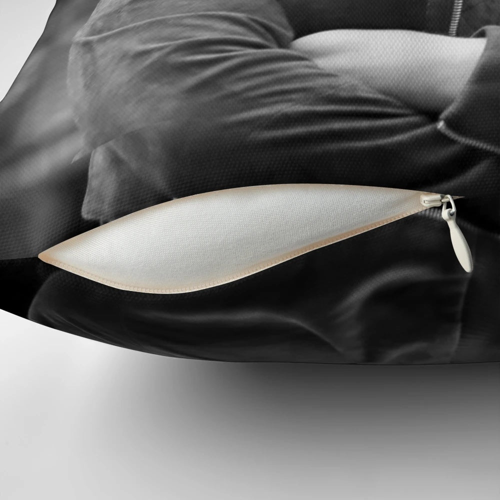 Stylish black and white pillow featuring a male musician and piano design from Corsica
