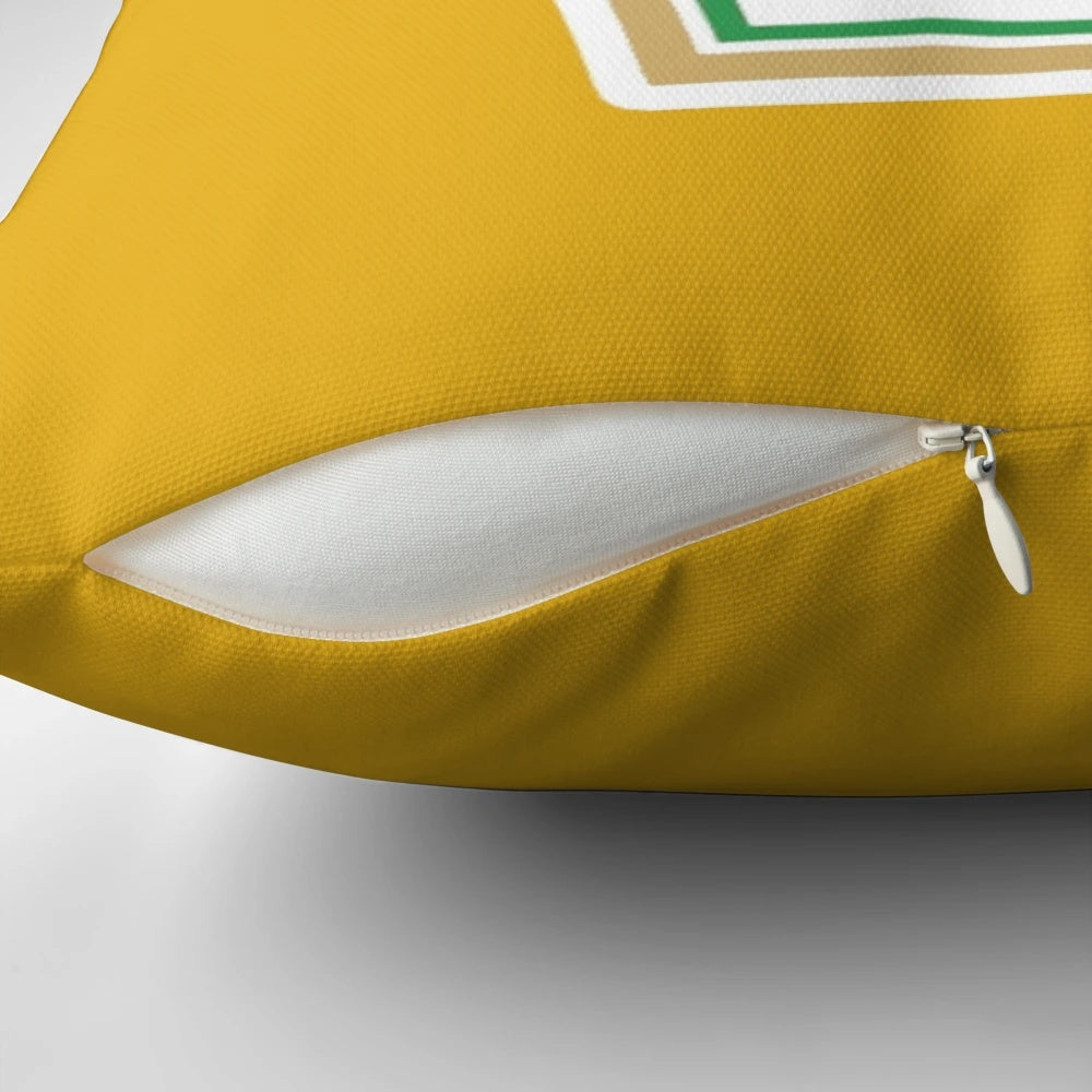 A vibrant yellow pillow with the word "mustard" printed on it, representing the love for this popular condiment.