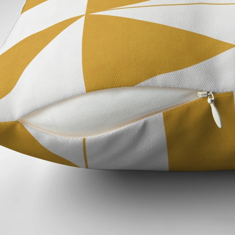 Mustard yellow throw pillow with geometric patterns, perfect for modern and minimalist home decor.