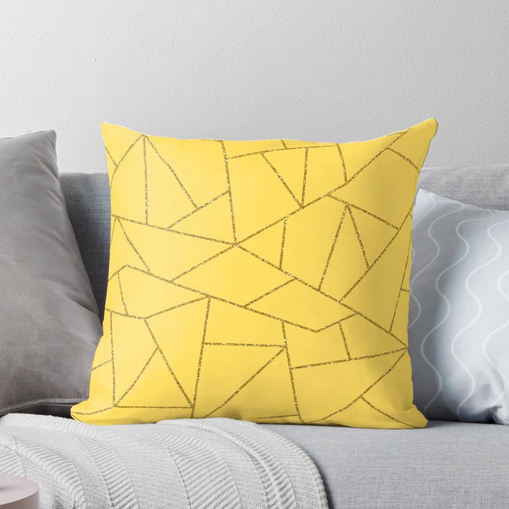 Mustard yellow and gold glitter mosaic lines and geometric abstract pattern decorative pillow