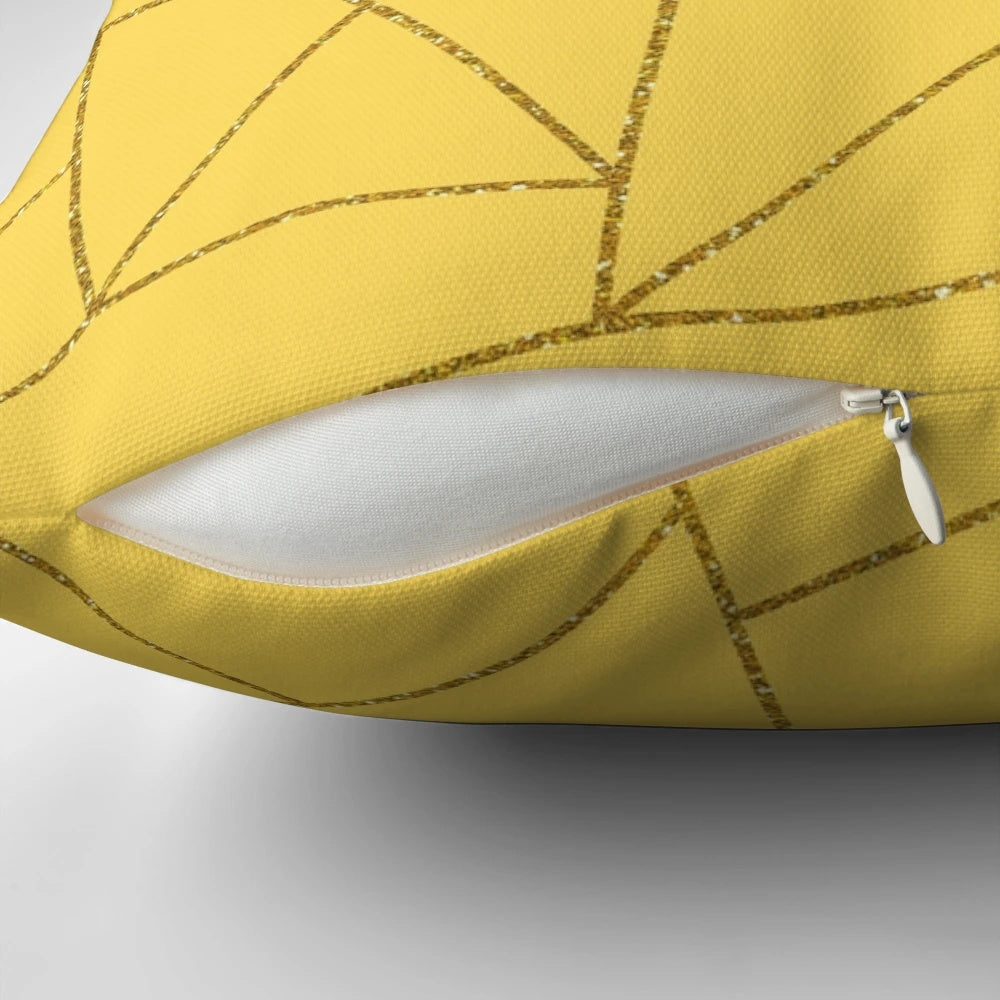 Mustard yellow and gold glitter mosaic lines and geometric abstract pattern decorative pillow