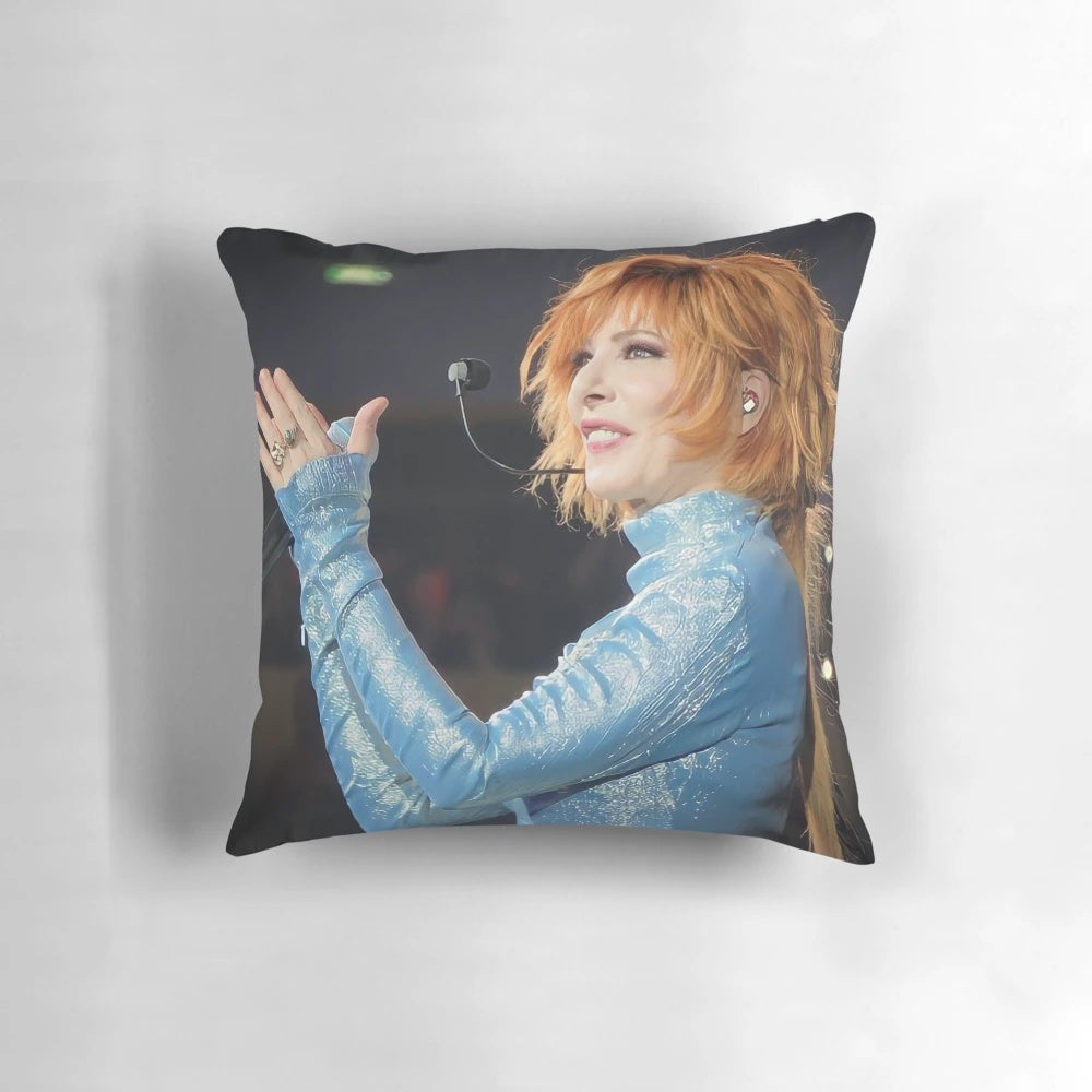 Mylene Farmer Nevermore 2023 June Pillow featuring the French singer in a silver, smiling pose