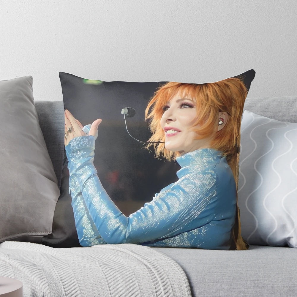 Mylene Farmer Nevermore 2023 June Pillow featuring the French singer in a silver, smiling pose