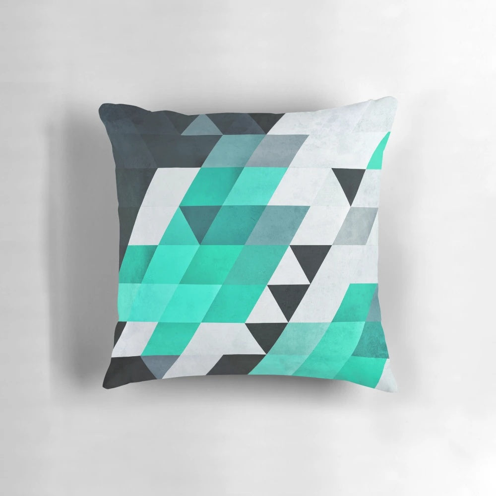 Mynt 142 abstract geometric throw pillow with teal, white, and black colors