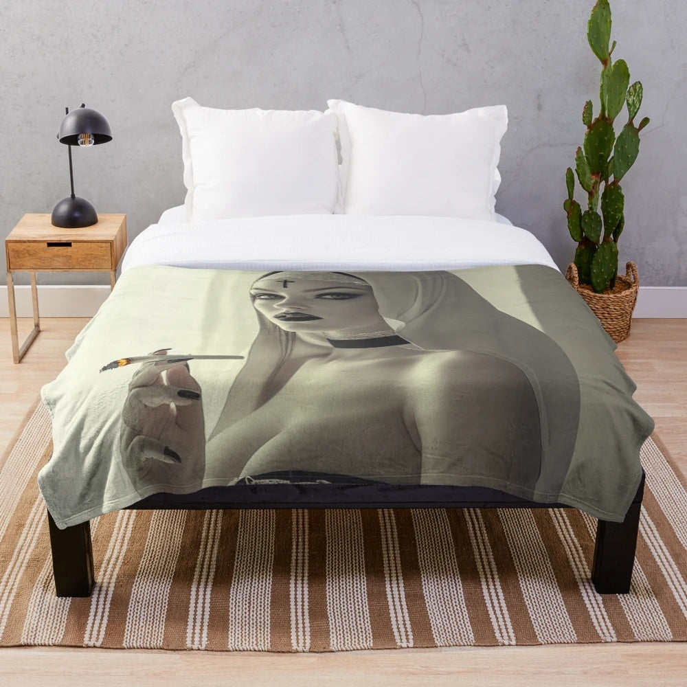 Plush Blanket featuring a "Bad Nun" character in a dark, gothic style