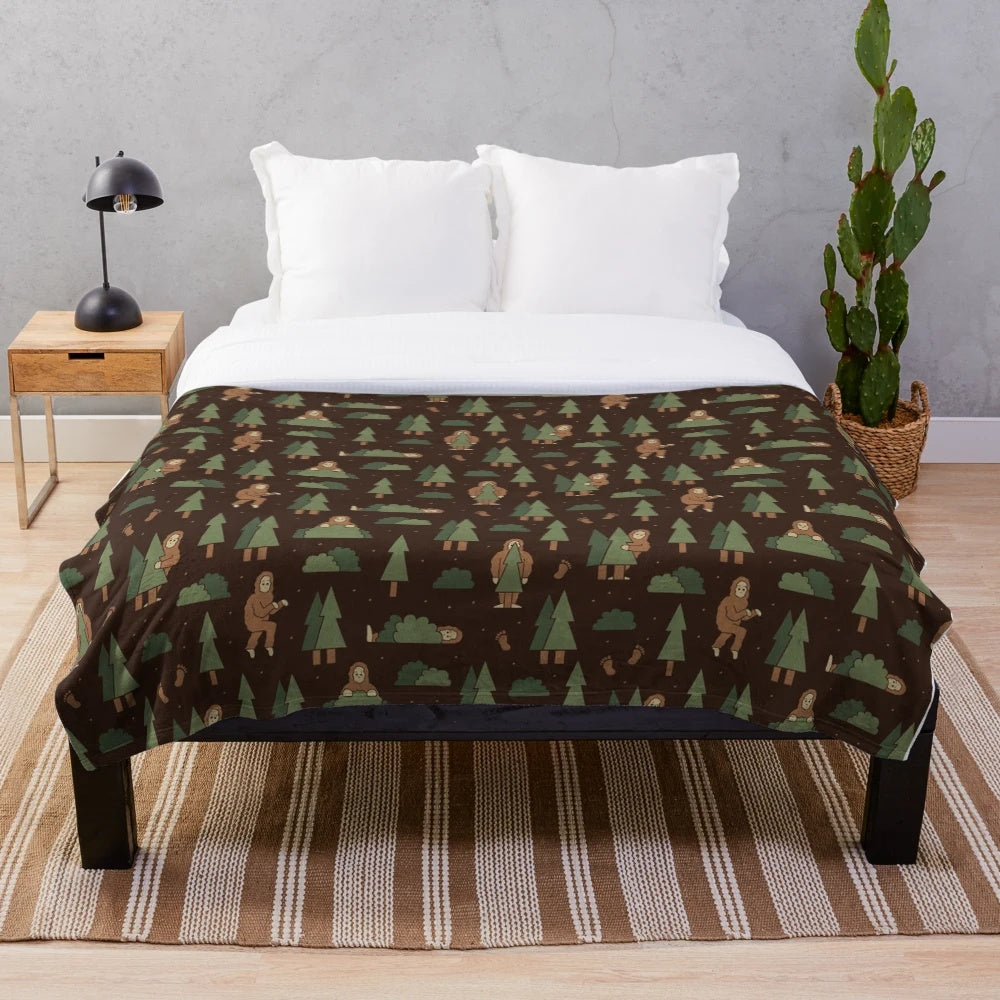 Bigfoot Plush Blanket with Forest Pattern