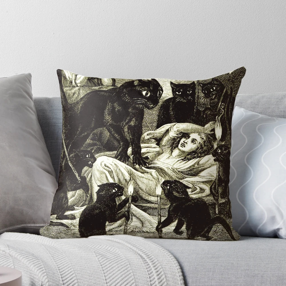 Black cat pillow with occult and witch imagery