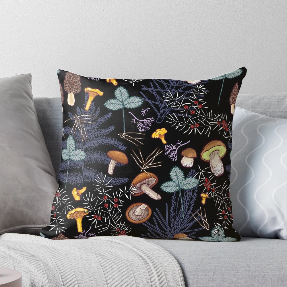 A pillow featuring a pattern of dark, wild forest mushrooms