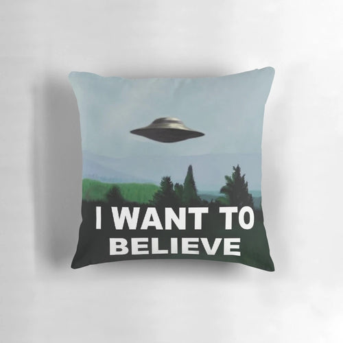 "Pillow featuring the iconic 'I Want to Believe' phrase from The X-Files TV series"