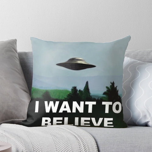 "Pillow featuring the iconic 'I Want to Believe' phrase from The X-Files TV series"