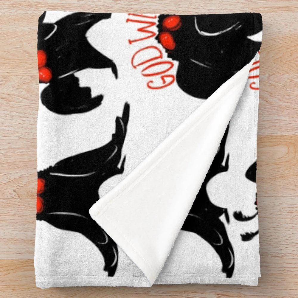 Mothman-inspired plush blanket in black, white, and red