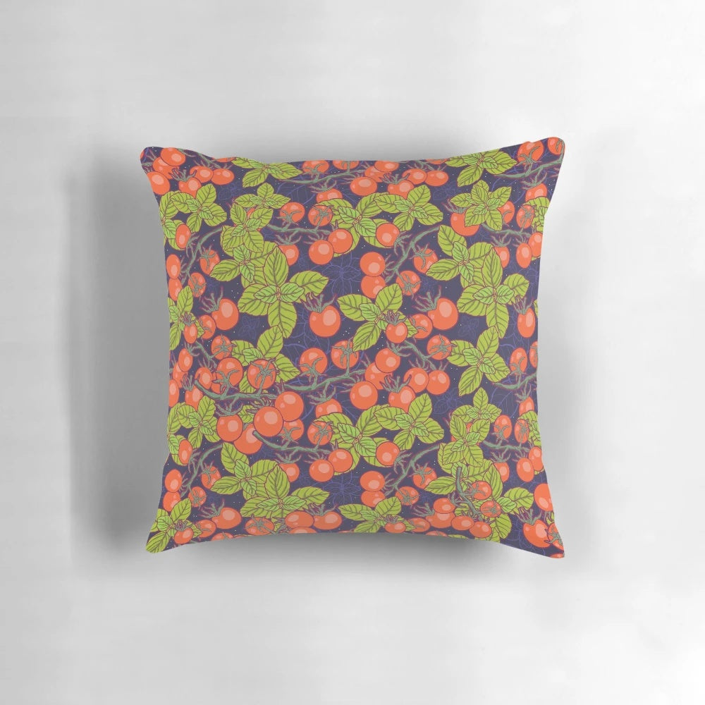 Pillow featuring a mysterious night garden scene with a full moon, cherry tomatoes, and basil.