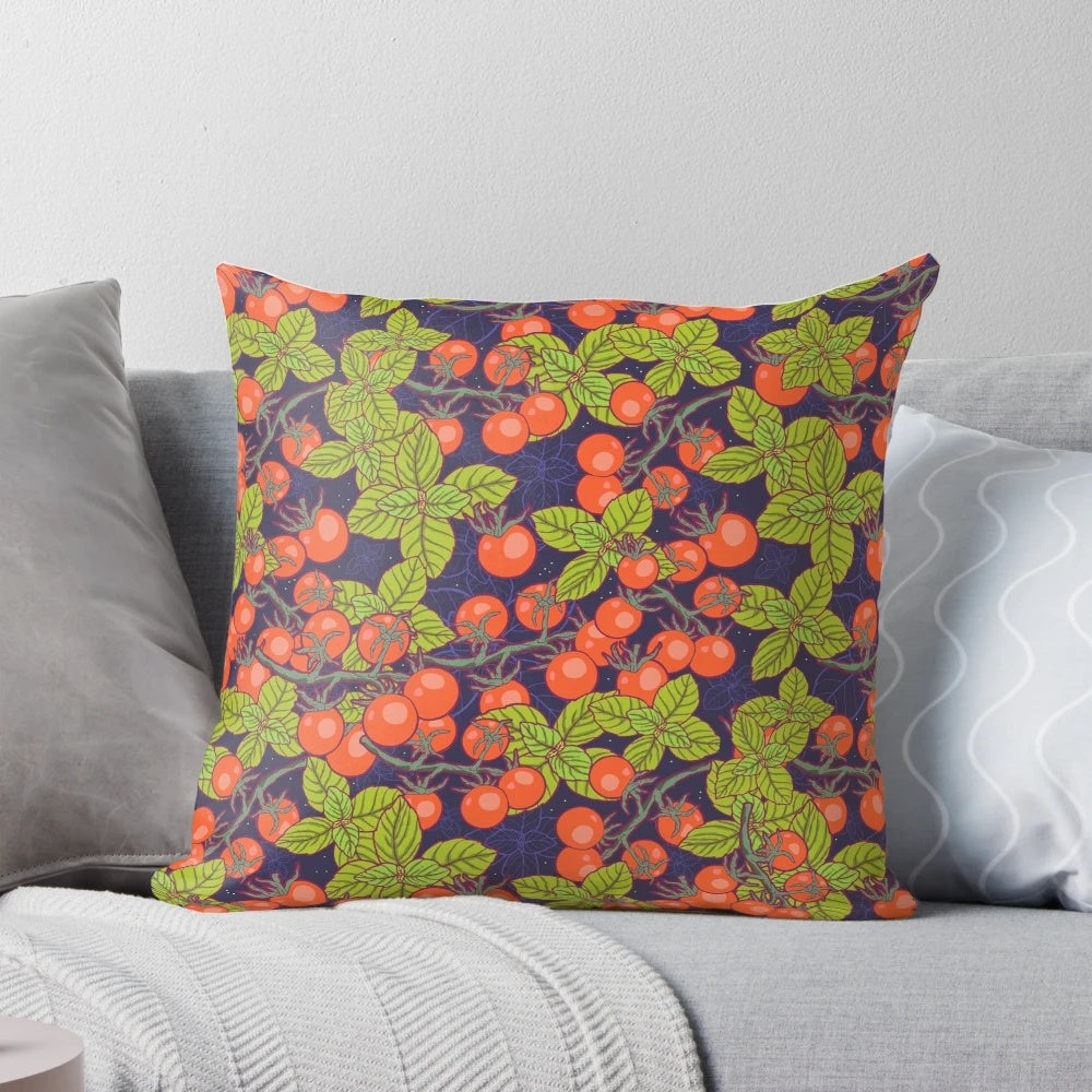 Pillow featuring a mysterious night garden scene with a full moon, cherry tomatoes, and basil.