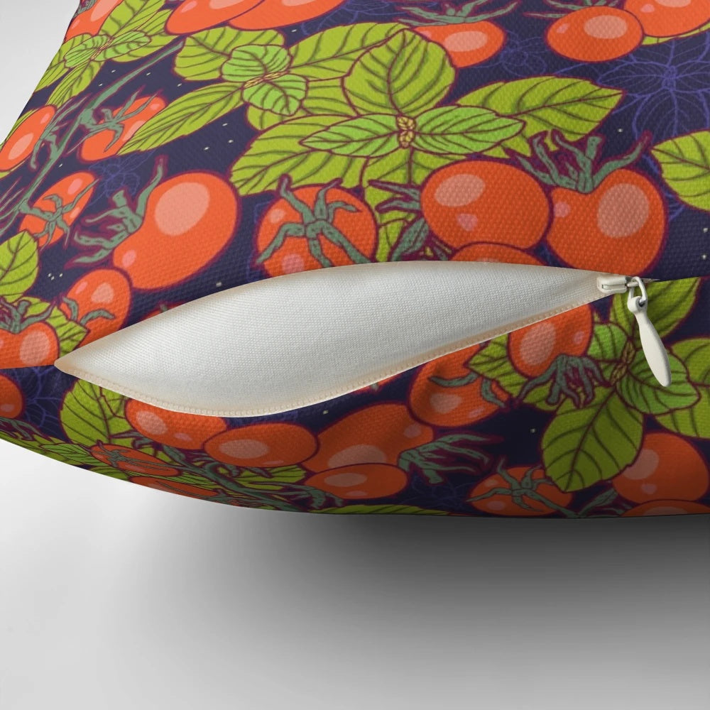 Pillow featuring a mysterious night garden scene with a full moon, cherry tomatoes, and basil.