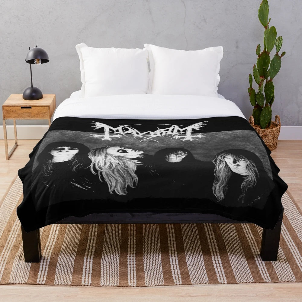 Plush black metal-inspired blanket with dark artwork