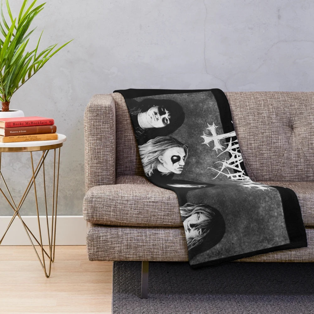 Plush black metal-inspired blanket with dark artwork