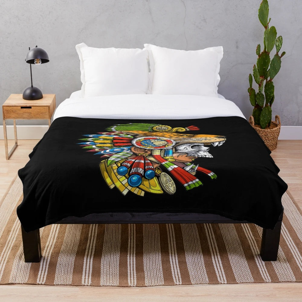 Mayan mythology-inspired plush blanket featuring an Aztec jaguar warrior mask design