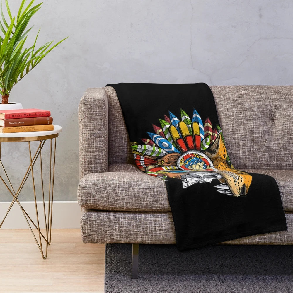 Mayan mythology-inspired plush blanket featuring an Aztec jaguar warrior mask design
