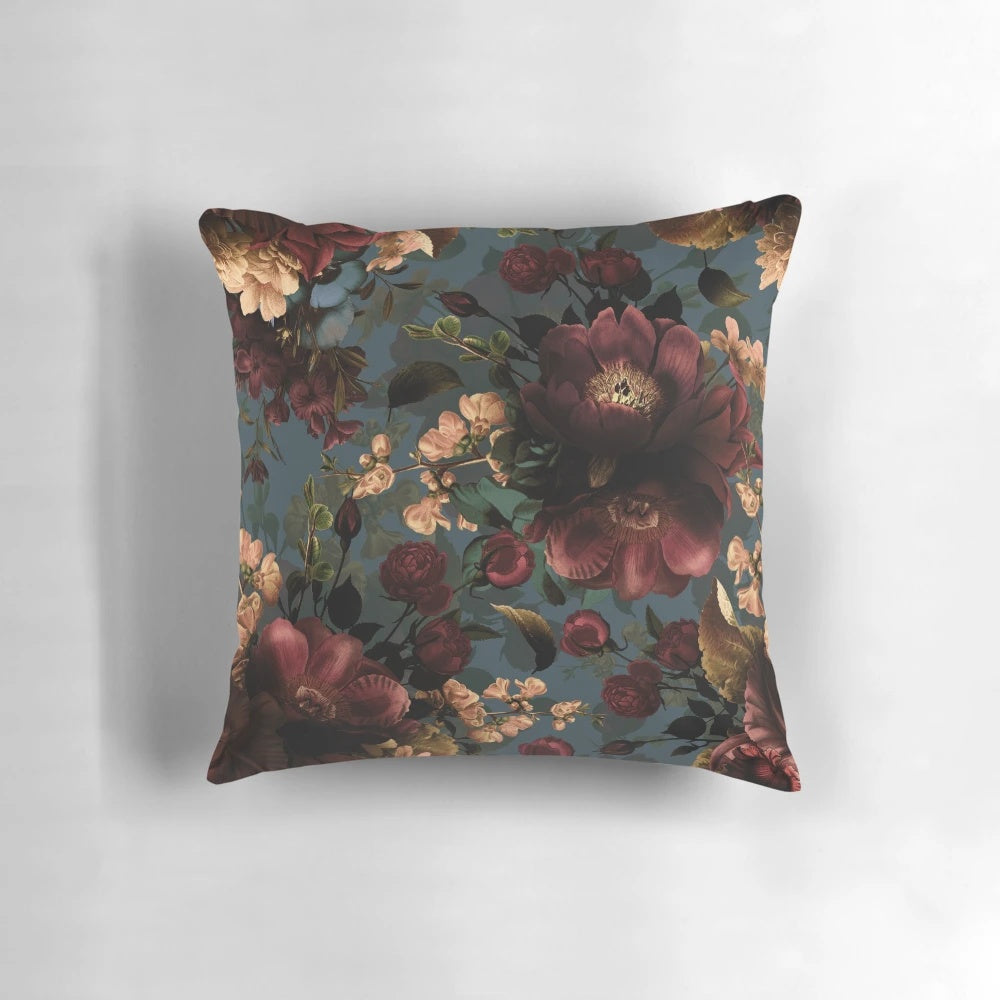 Mystic botanical night garden moody floral throw pillow with a vintage, retro, and exotic botanical pattern