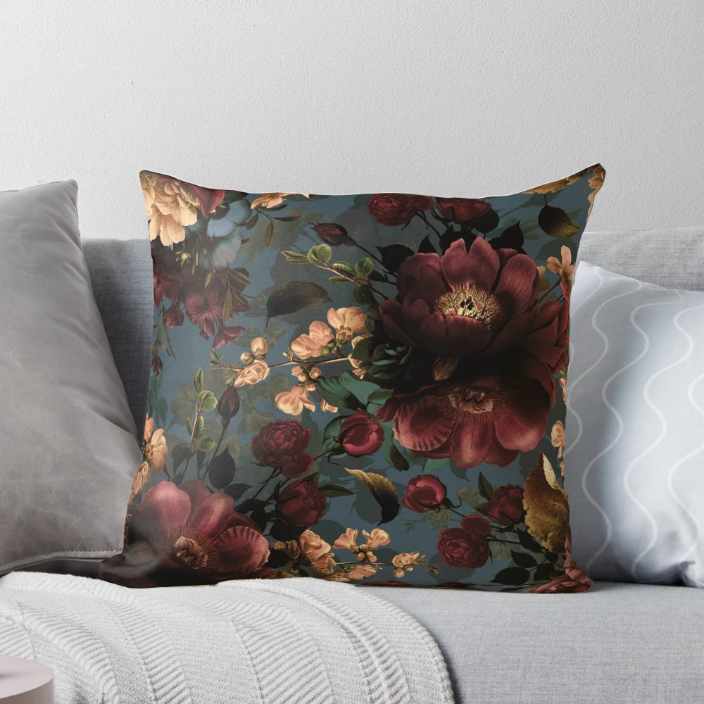 Mystic botanical night garden moody floral throw pillow with a vintage, retro, and exotic botanical pattern