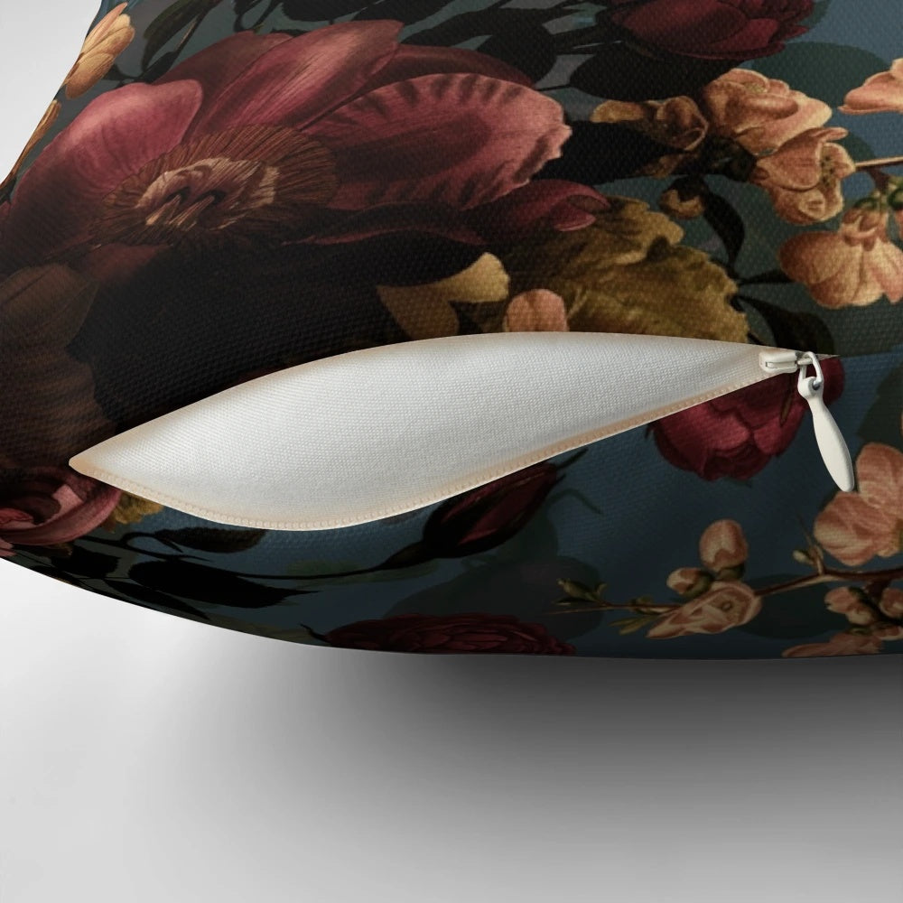 Mystic botanical night garden moody floral throw pillow with a vintage, retro, and exotic botanical pattern