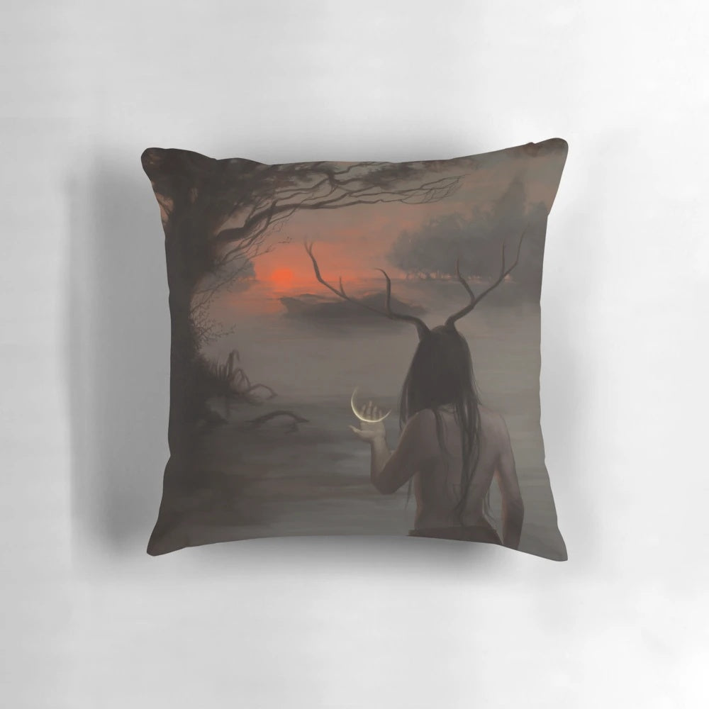 Dusk Pillow, a mystic dark fantasy romantic symbolism pillow with moon and pagan imagery.