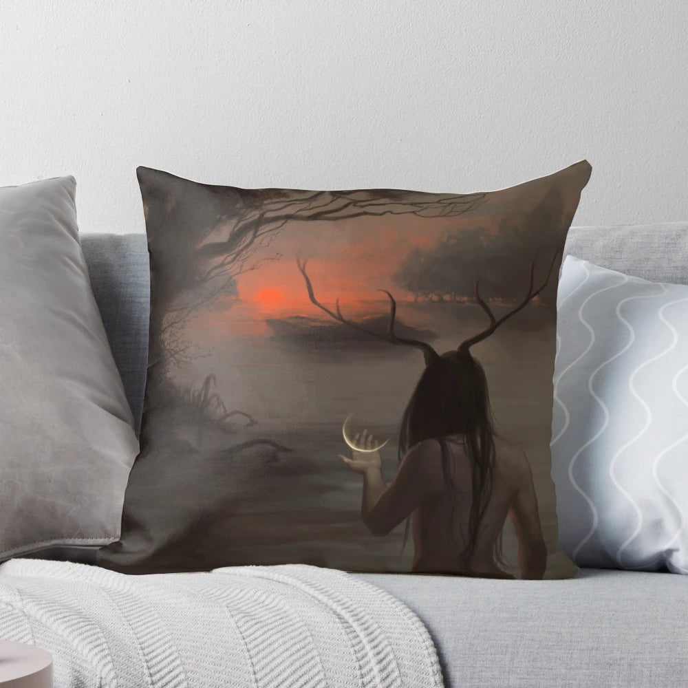 Dusk Pillow, a mystic dark fantasy romantic symbolism pillow with moon and pagan imagery.