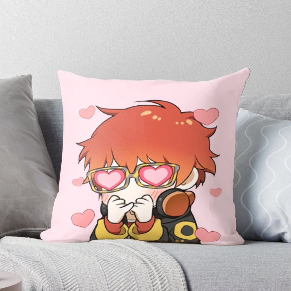 Decorative Mystic Messenger 707 emoticon pillow featuring anime-style illustration