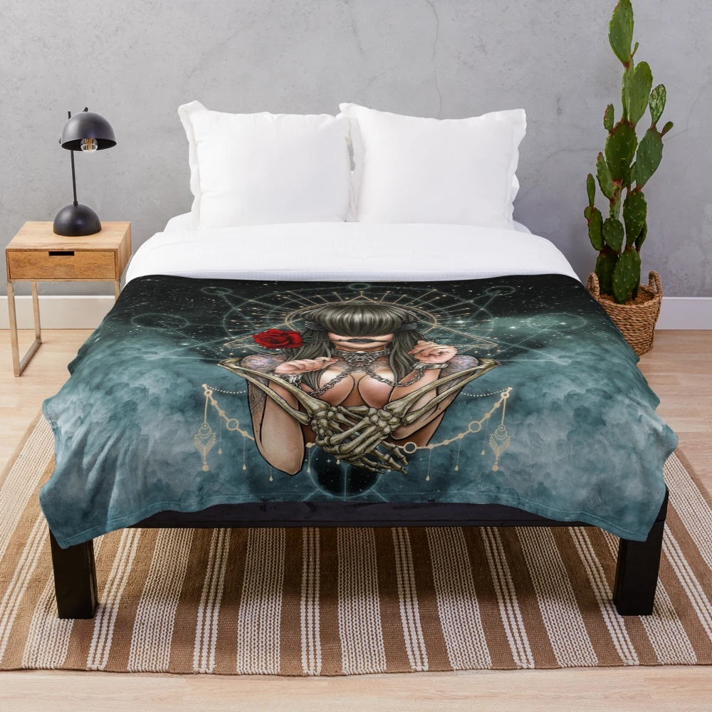 Mystic plush blanket with a surreal see no evil design featuring Gothic and occult inspired elements