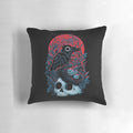 Mystic black and red pillow with bird and moon design, representing spiritual rebirth
