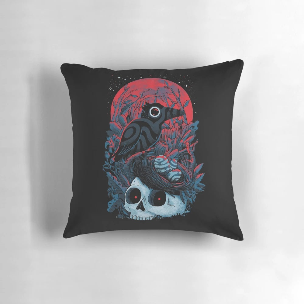 Mystic black and red pillow with bird and moon design, representing spiritual rebirth