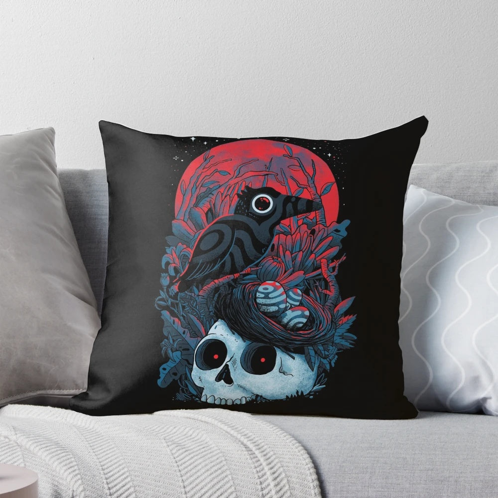 Mystic black and red pillow with bird and moon design, representing spiritual rebirth