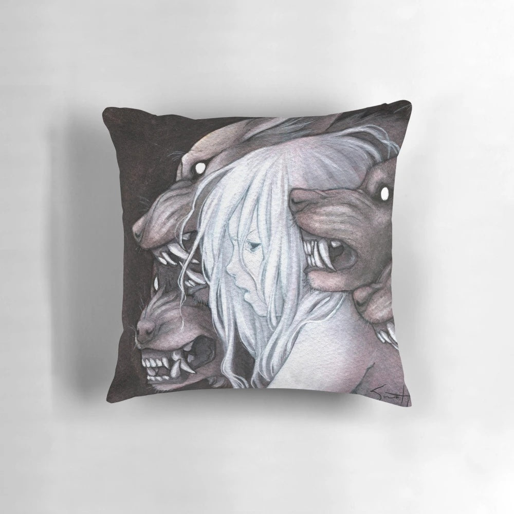 Stray witch pillow with dog, wolf, and albino girl fantasy design