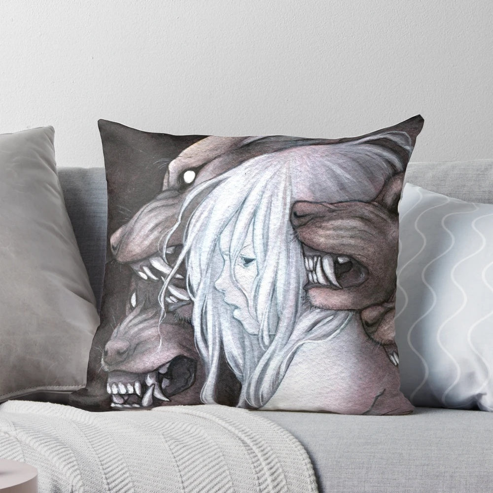 Stray witch pillow with dog, wolf, and albino girl fantasy design