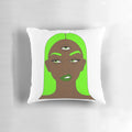 A green and colorful pillow design featuring a woman with a third eye symbol, representing spiritual awakening and consciousness.