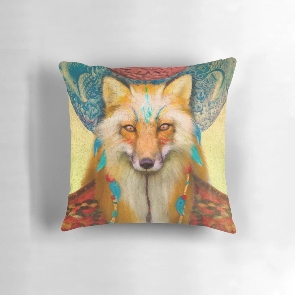 Mystical tribal fox design pillow with totem and shaman elements