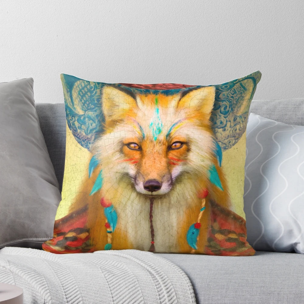 Mystical tribal fox design pillow with totem and shaman elements