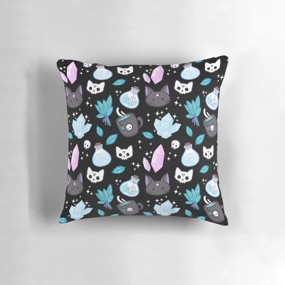 Mystical black cat with occult symbols on a decorative pillow