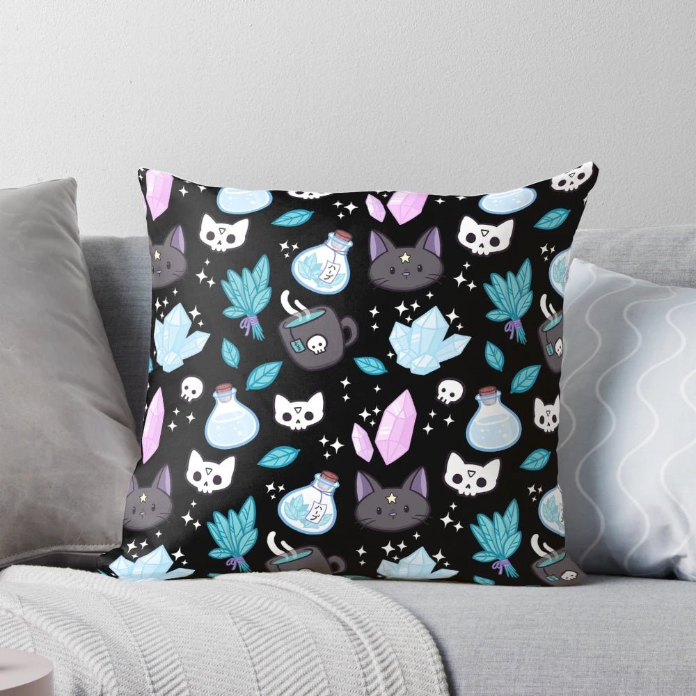 Mystical black cat with occult symbols on a decorative pillow