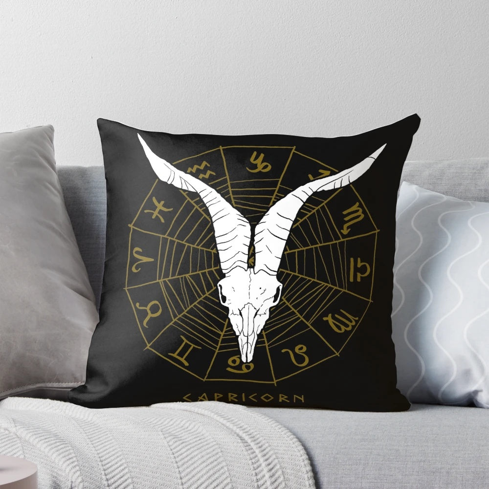 Capricorn zodiac pillow featuring a goat skull design for a spooky, macabre look