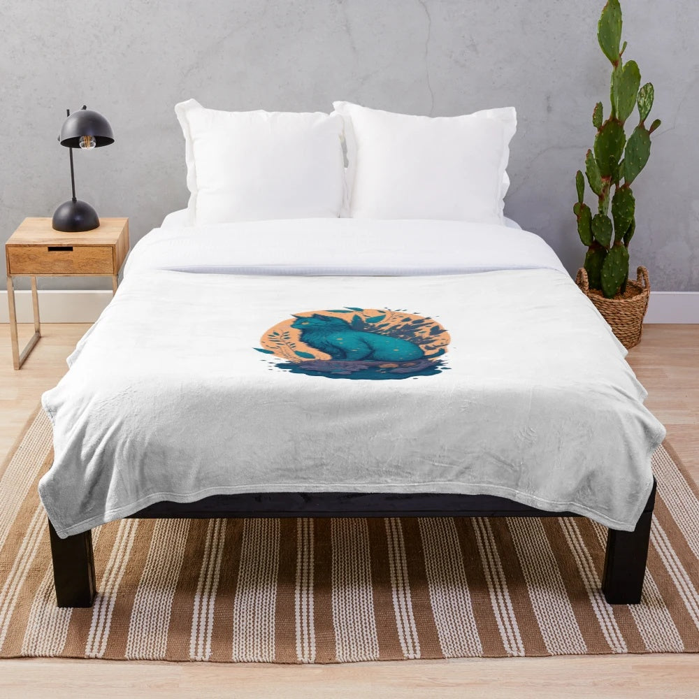 Whimsical illustration of a cat walking under the night sky on a cozy plush blanket