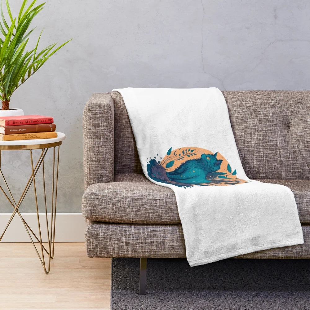 Whimsical illustration of a cat walking under the night sky on a cozy plush blanket