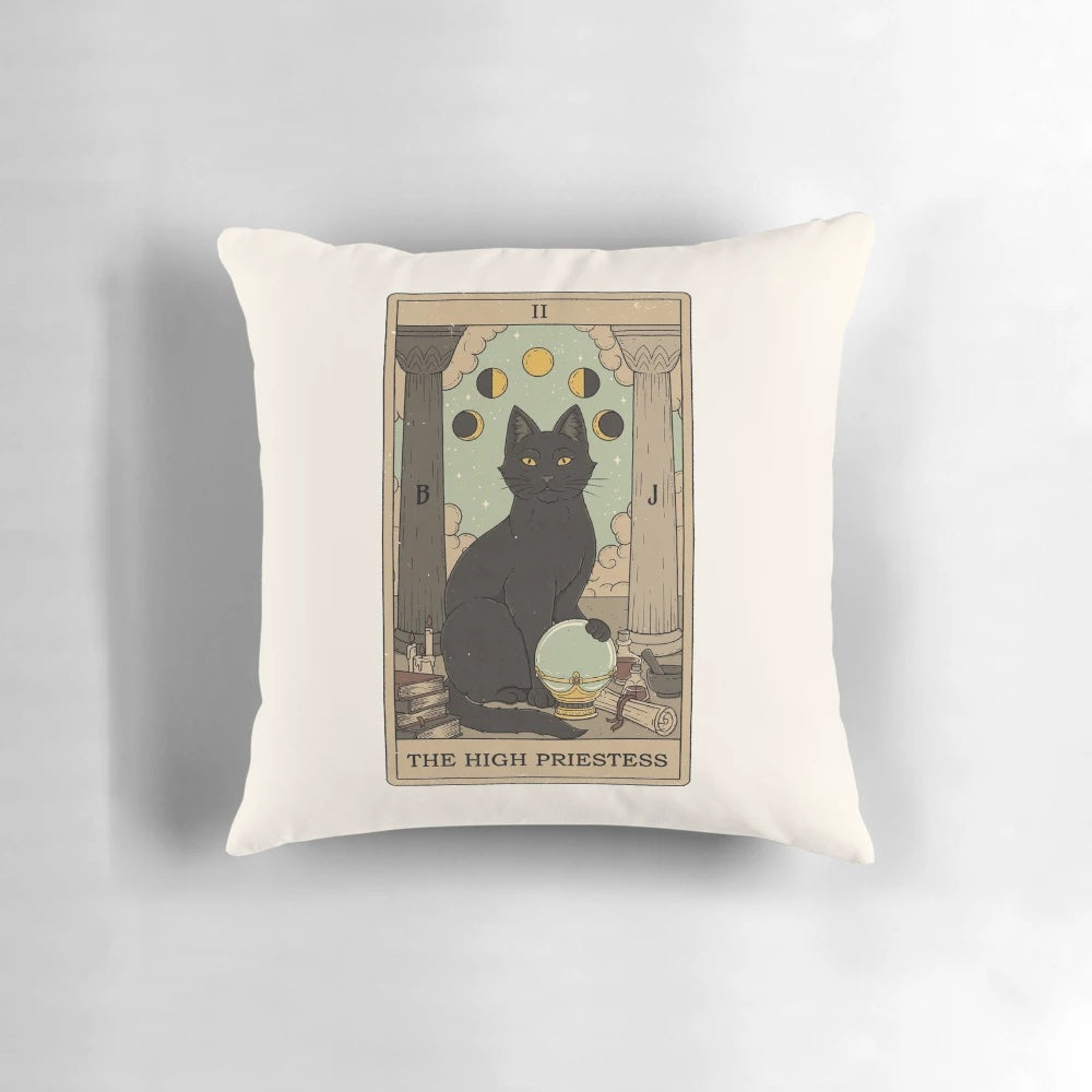 A mystical cat pillow featuring a tarot design, perfect for witchy home decor.