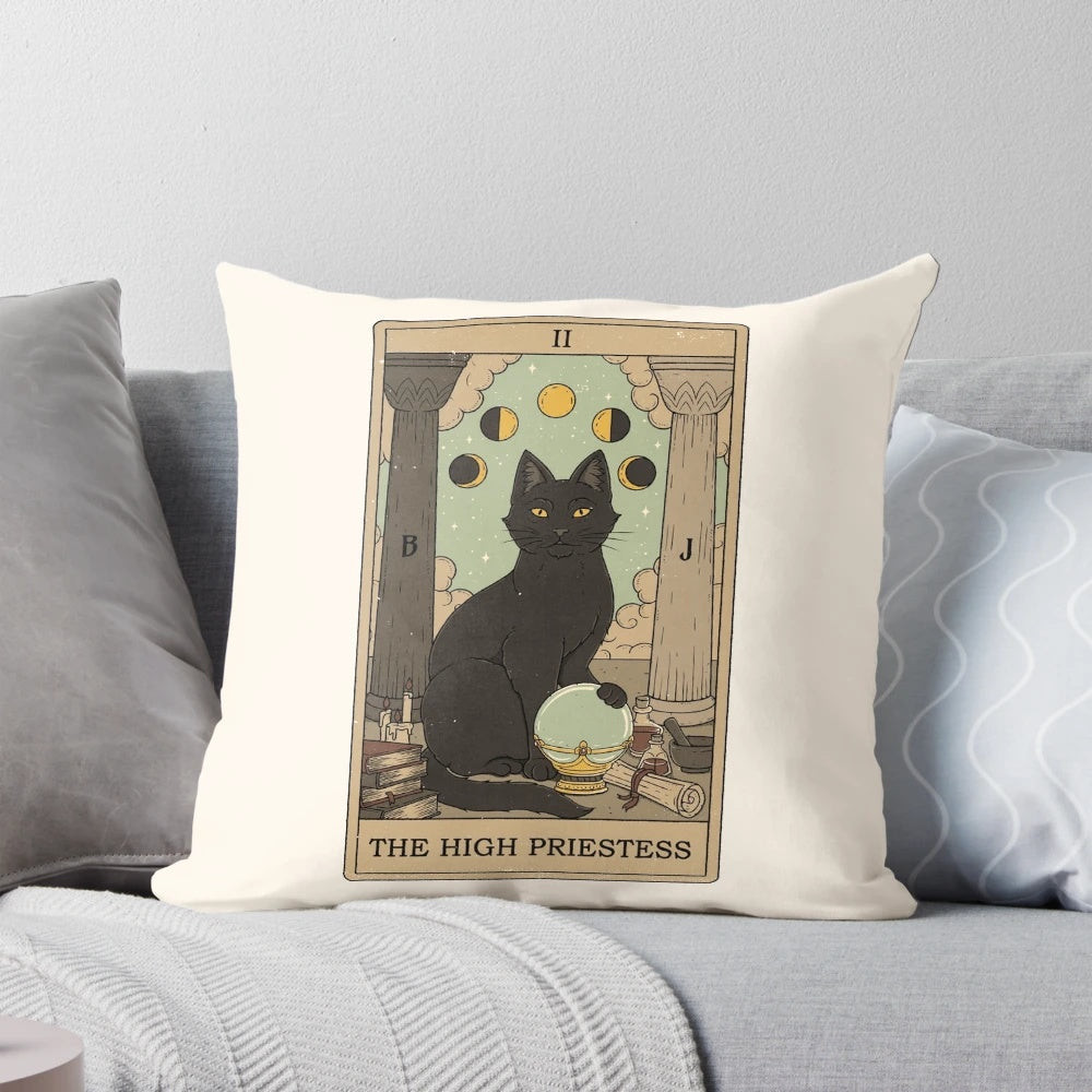 A mystical cat pillow featuring a tarot design, perfect for witchy home decor.