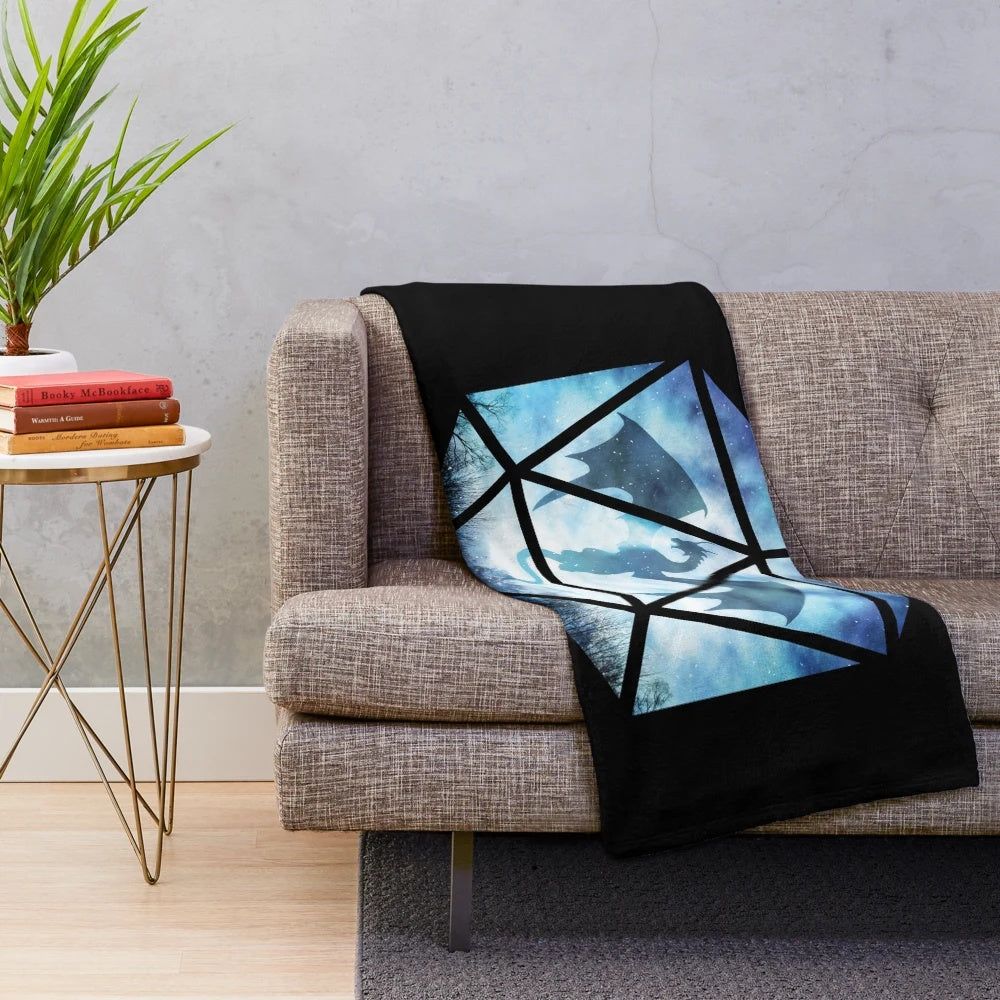 Cozy blue and white dragon-themed d20 plush blanket