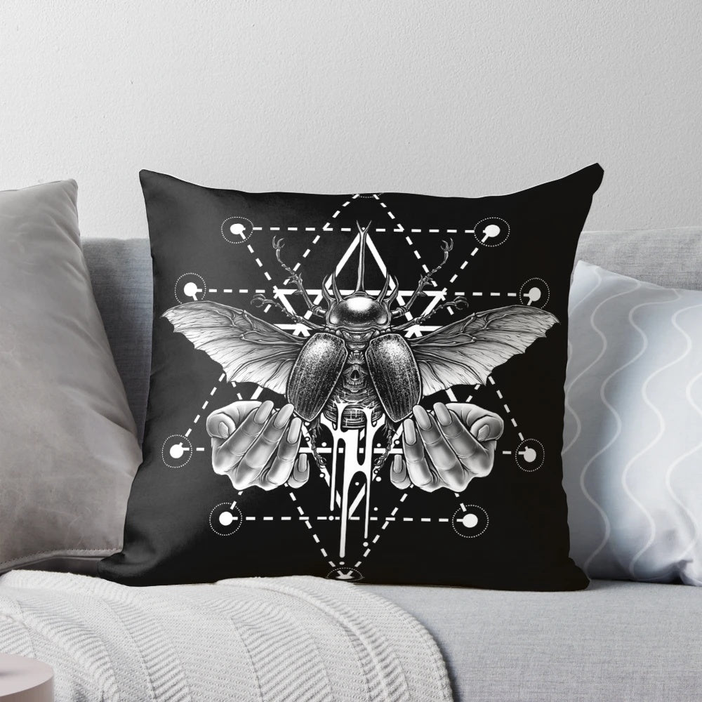 Decorative pillow featuring a mystical stag beetle design in dark gothic style